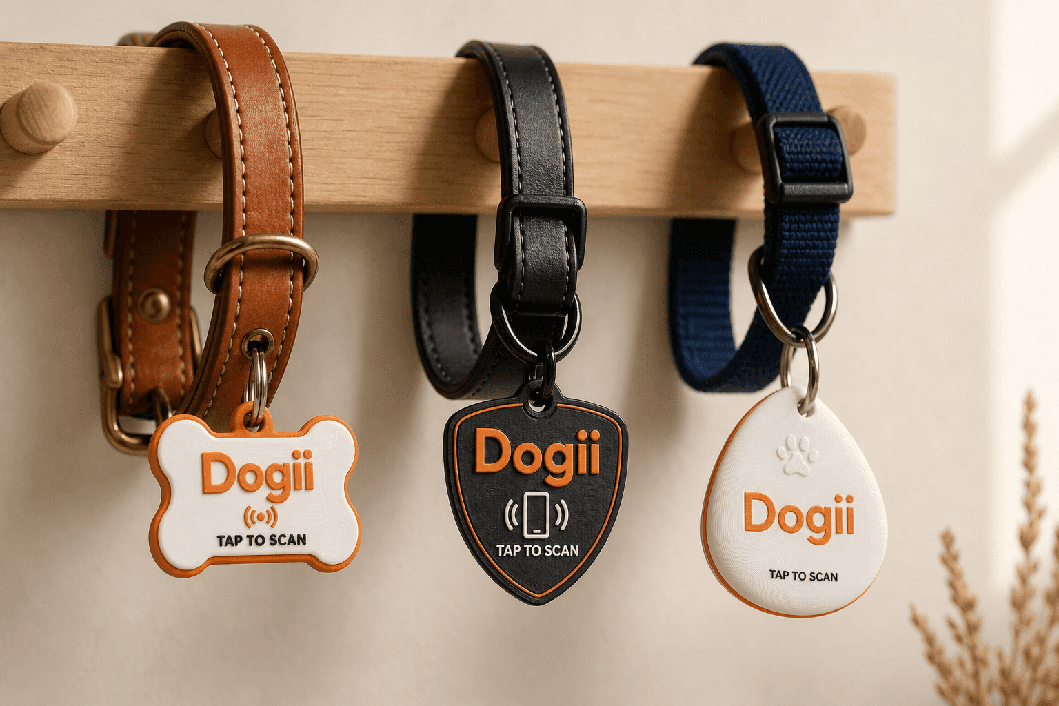 Dogii NFC pet tags — bone, shield, and teardrop designs on collars